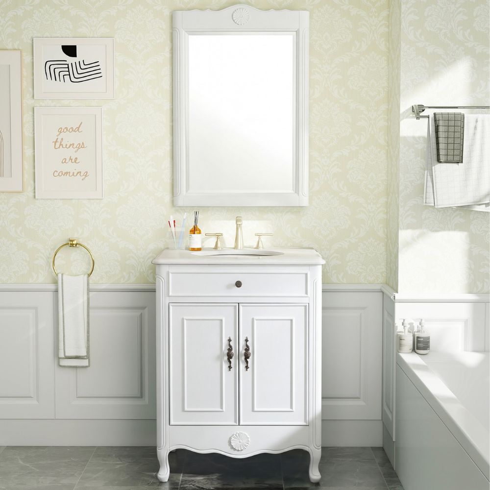 26 Inch Daleville Distressed White Cottage Style Small Bathroom Sink Vanity