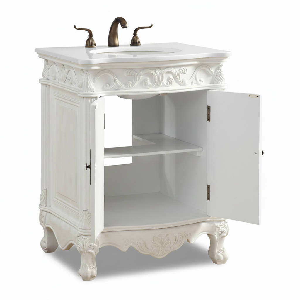 27 Inch Classic Style Antiqued White Hayman Bathroom Sink Vanity