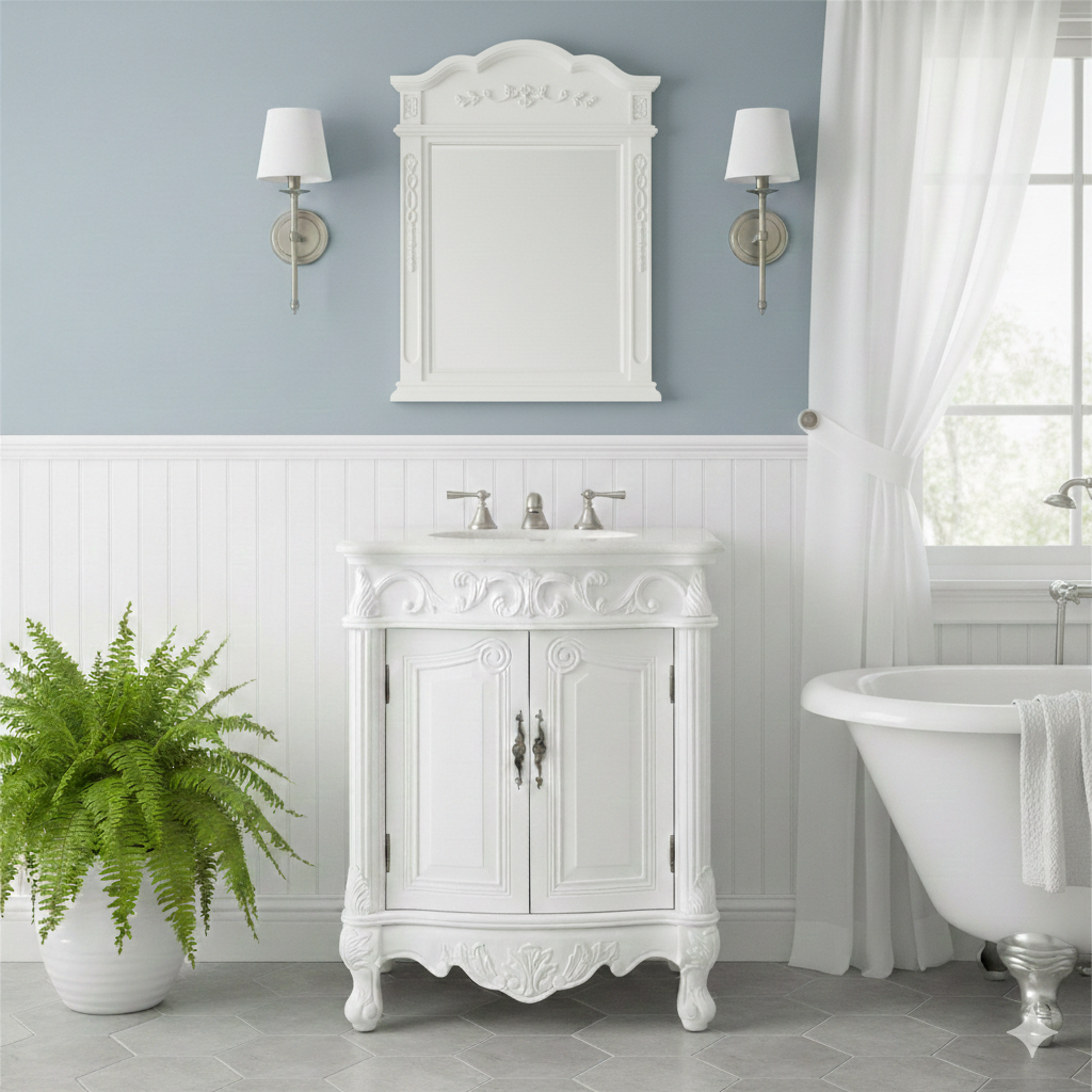 27 Inch Classic Style Antiqued White Hayman Bathroom Sink Vanity