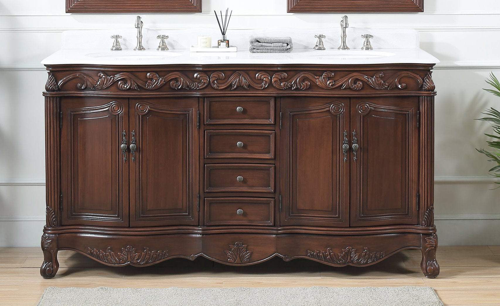 64" Traditional Style Brown Double Sink Beckham Bathroom Vanity -  CF-3882M-TK-64