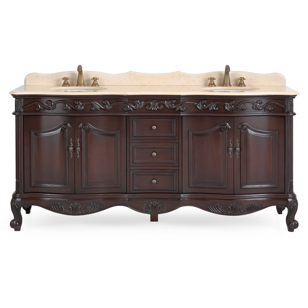 72 Inch Brown Antique Traditional Style Double Sink White Top Beckham Bathroom Vanity