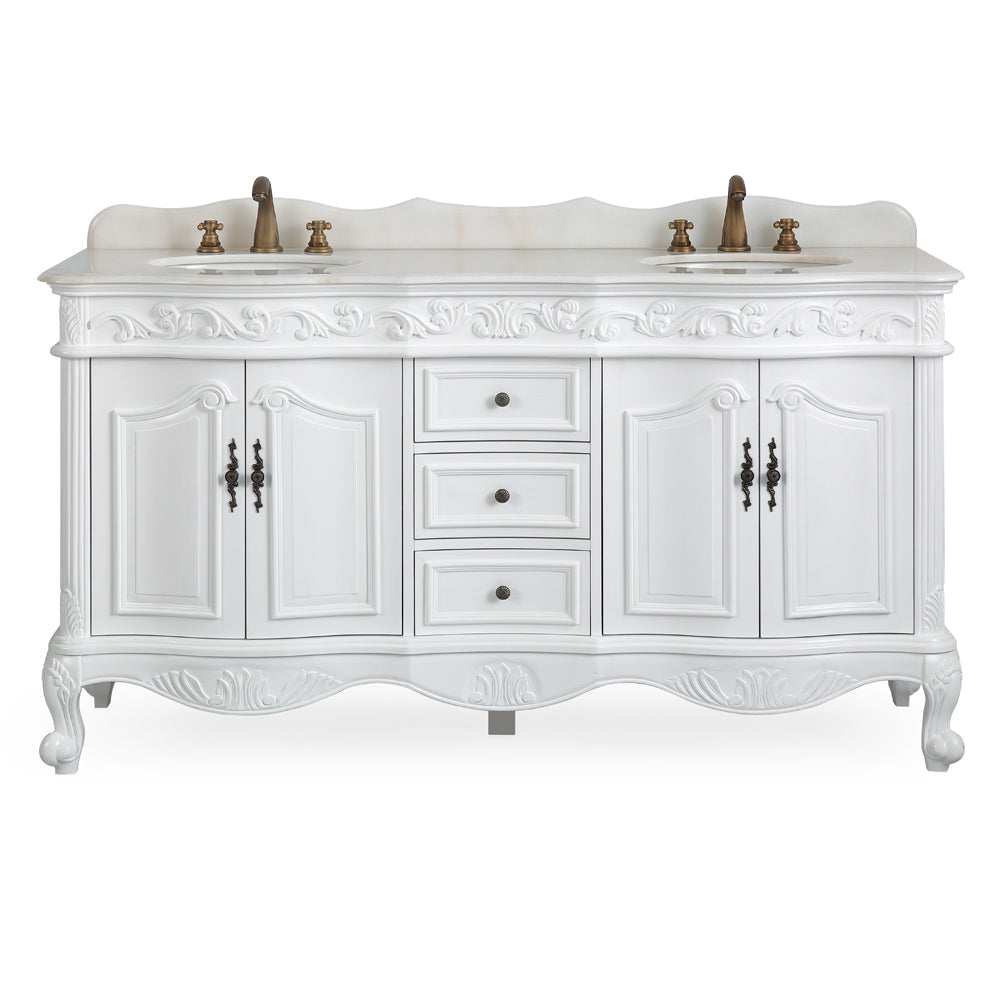 64 Inch Antique White Traditional Style Double Sink White Top Beckham Bathroom Vanity