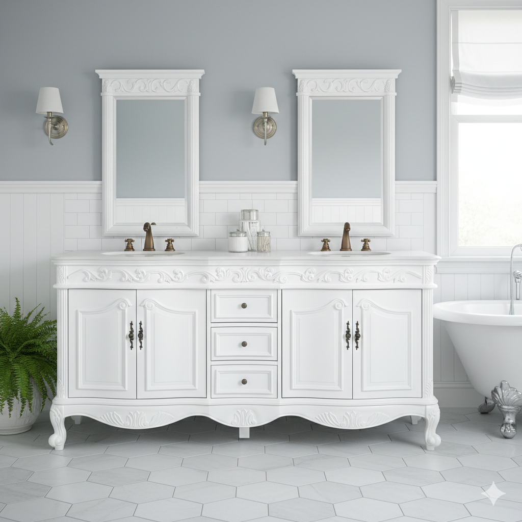 64 Inch Antique White Traditional Style Double Sink White Top Beckham Bathroom Vanity