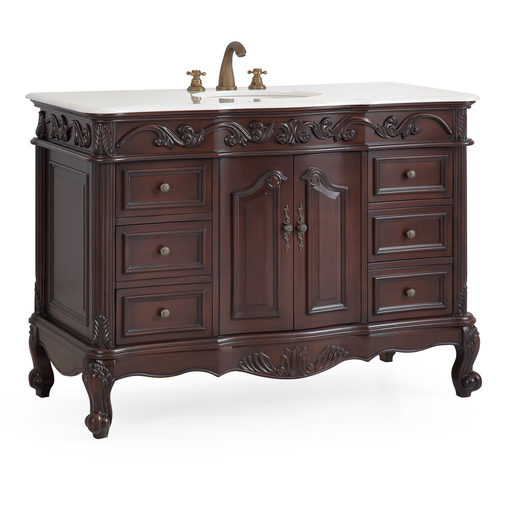 42 inch Traditional Style Cherry Brown Single Sink White Marble Countertop Beckham Bathroom Vanity