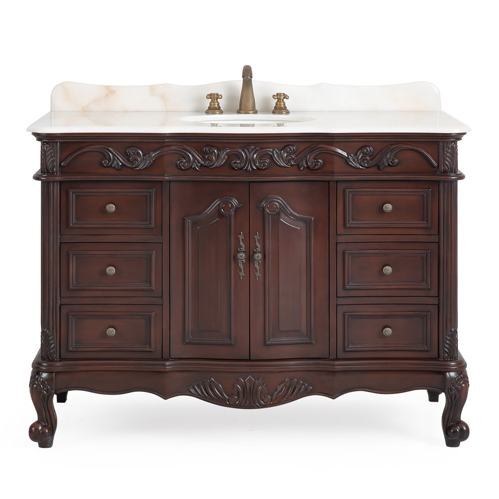 42 inch Traditional Style Cherry Brown Single Sink White Marble Countertop Beckham Bathroom Vanity