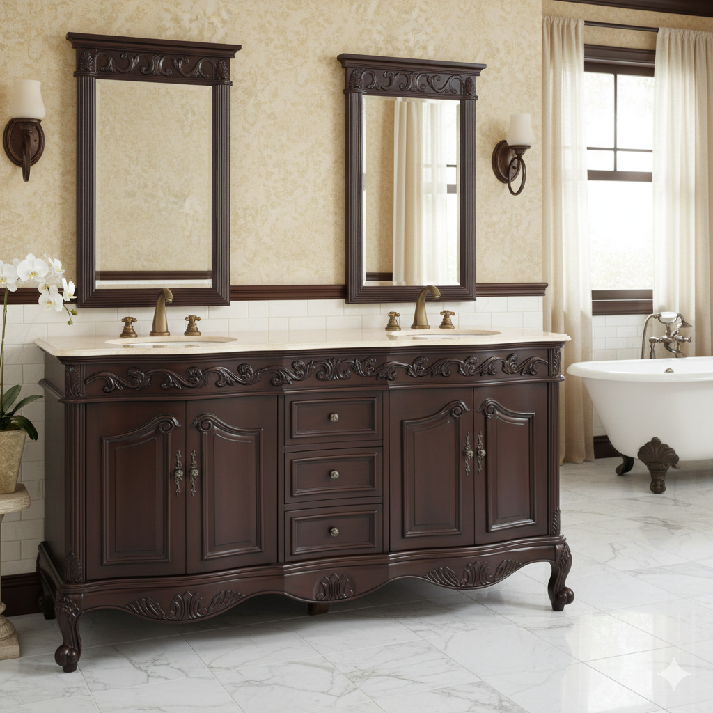 64 Inch Brown Traditional Style Double Sink Cream Marble Top Beckham Bathroom Vanity