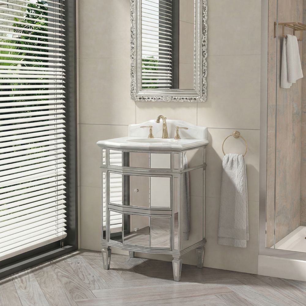 24 Inch Ashlie Mirrored Bathroom Vanity with Silver Trim With Quartz Top & Sink Included