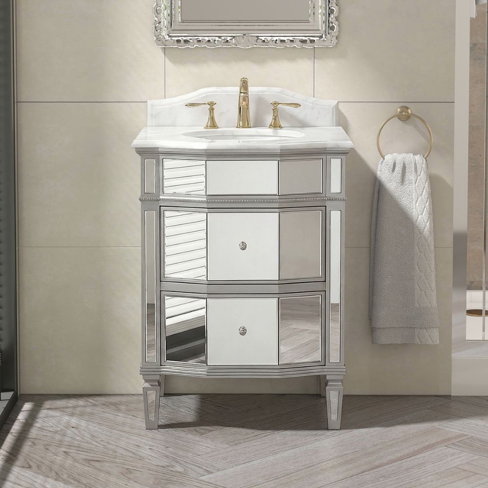 24 Inch Ashlie Mirrored Bathroom Vanity with Silver Trim With Quartz Top & Sink Included