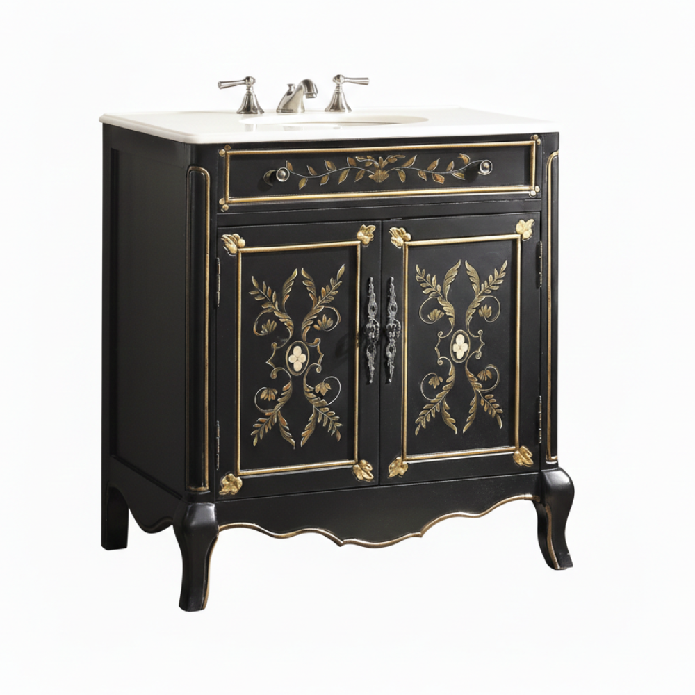 32" Black Hand-Painted Floral Motif Decoroso Bathroom Vanity
