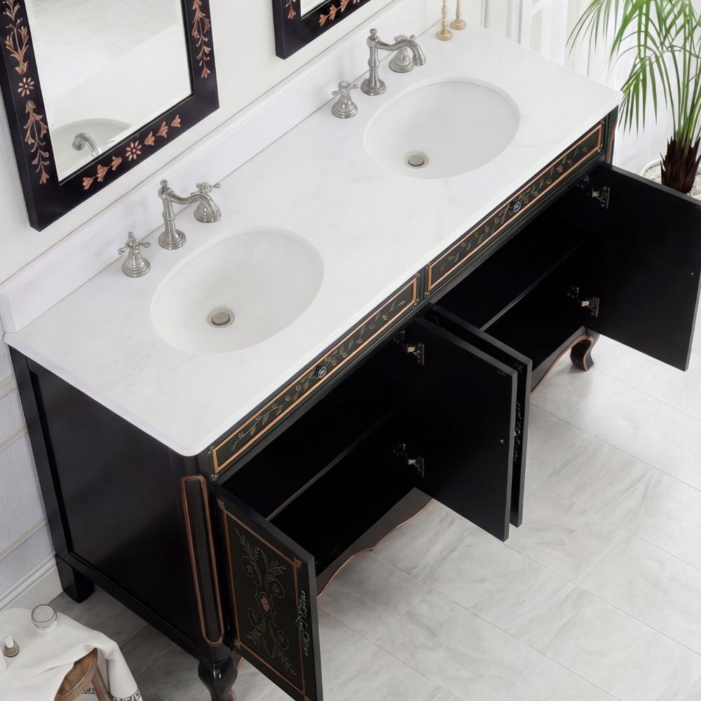60 Inch Double Sink Bathroom Vanity Decoroso Hand-Painted Floral Design in Black & Gold