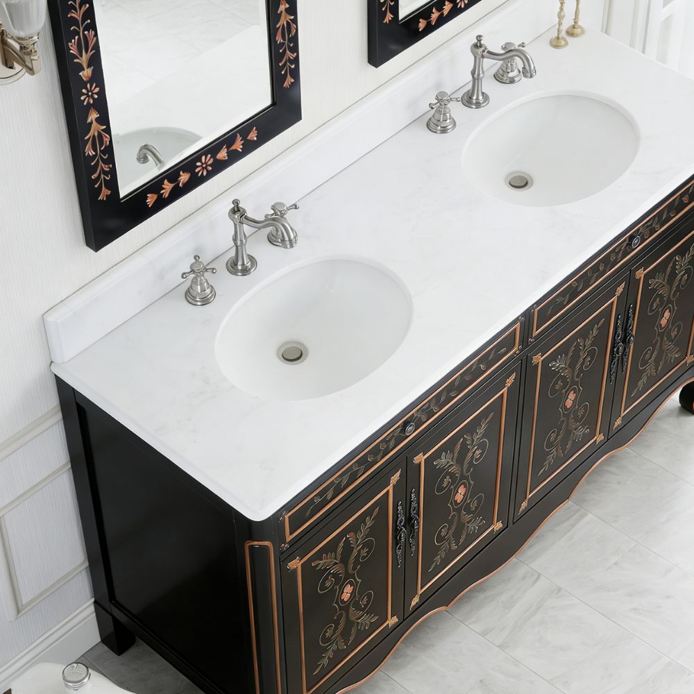 60 Inch Double Sink Bathroom Vanity Decoroso Hand-Painted Floral Design in Black & Gold