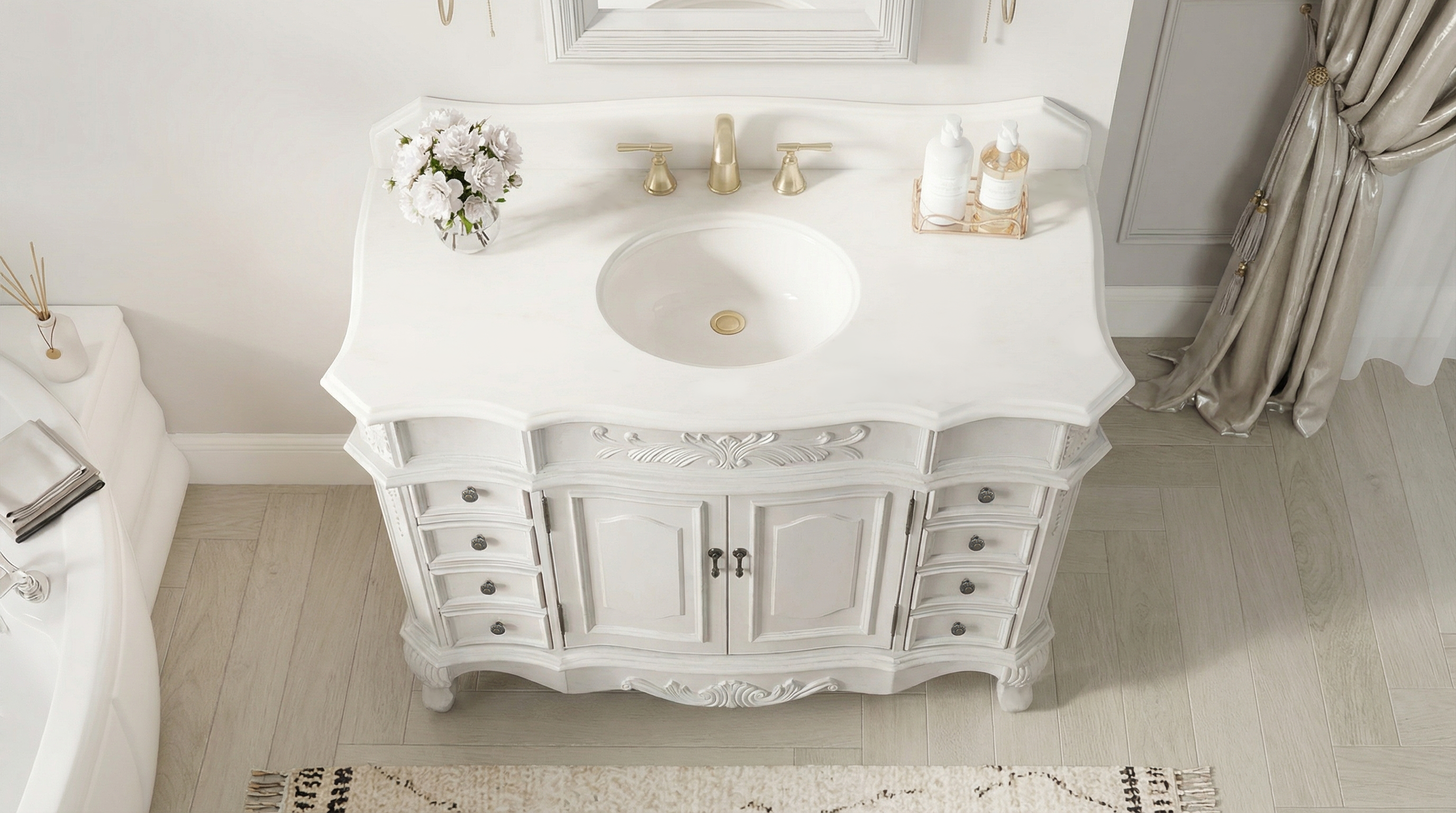 Morton 42" Antique Style Single Sink Bathroom Vanity | White Quartz Top