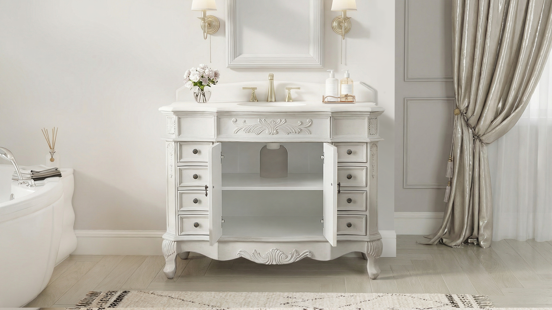Morton 42" Antique Style Single Sink Bathroom Vanity | White Quartz Top