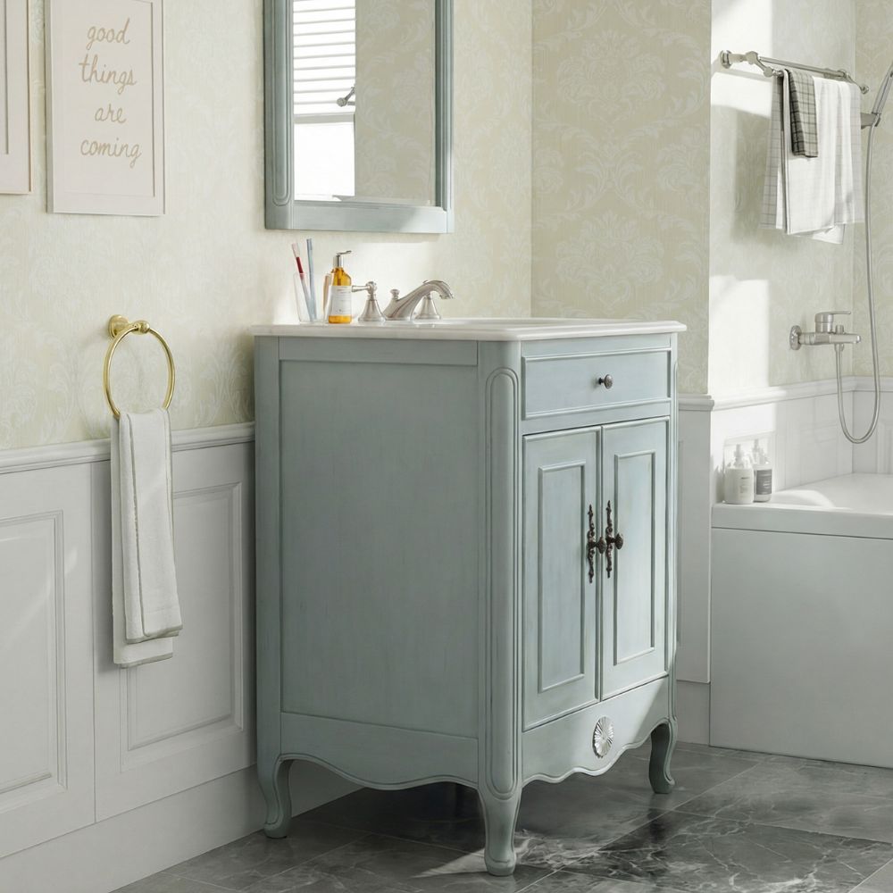 26 Inch Daleville Distressed Light Blue Cottage Style Small Bathroom Sink Vanity
