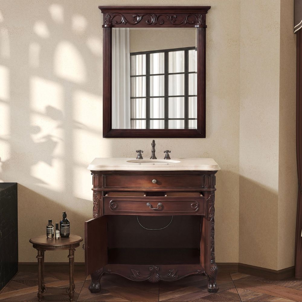 36 Inch Mahogany Wood Classic Style Madison Cream Marble Countertop Bathroom Sink Vanity