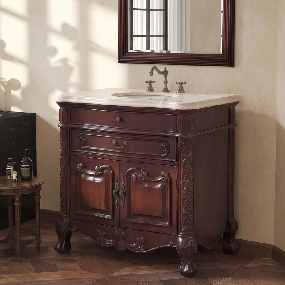 36 Inch Mahogany Wood Classic Style Madison Cream Marble Countertop Bathroom Sink Vanity