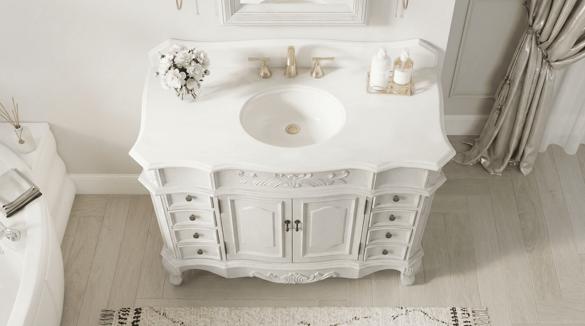 Morton 48" Antique Style Single Sink Bathroom Vanity | White Quartz Top