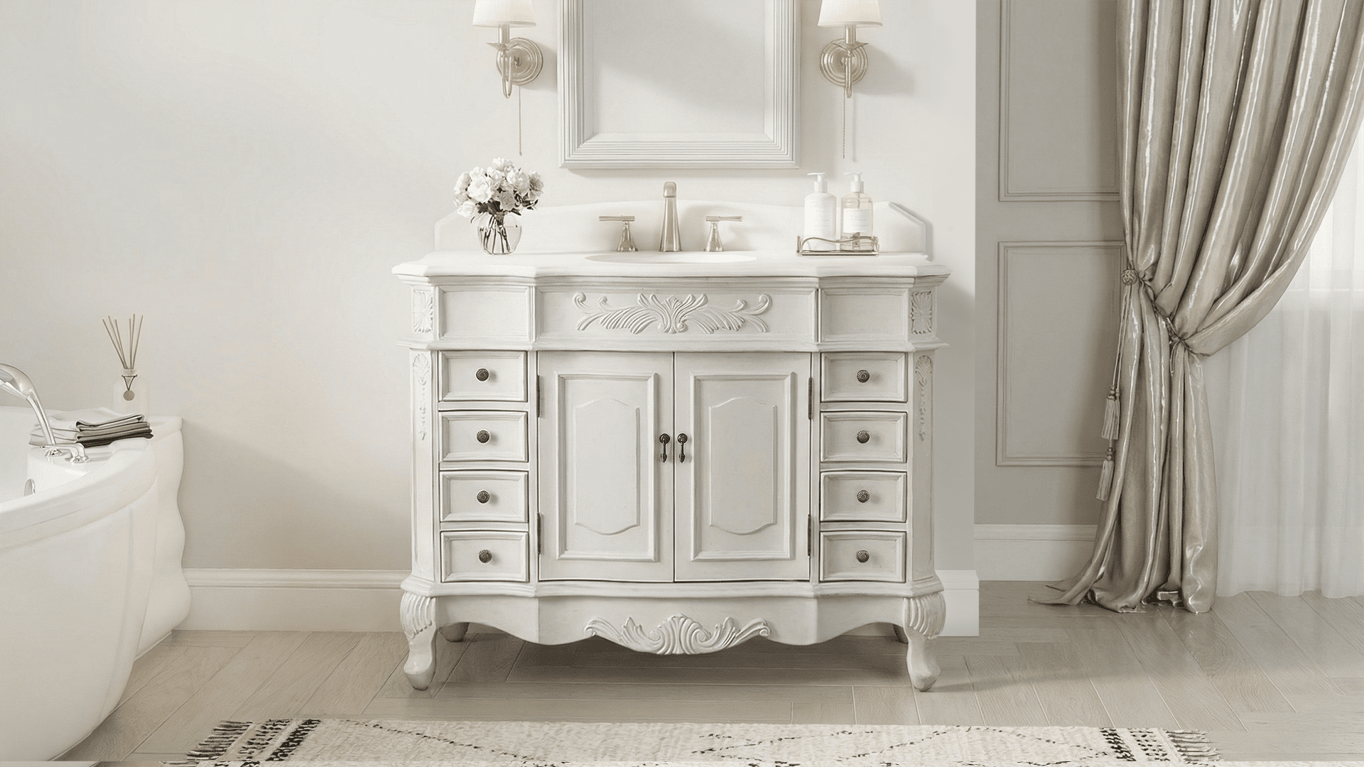 Morton 48" Antique Style Single Sink Bathroom Vanity | White Quartz Top