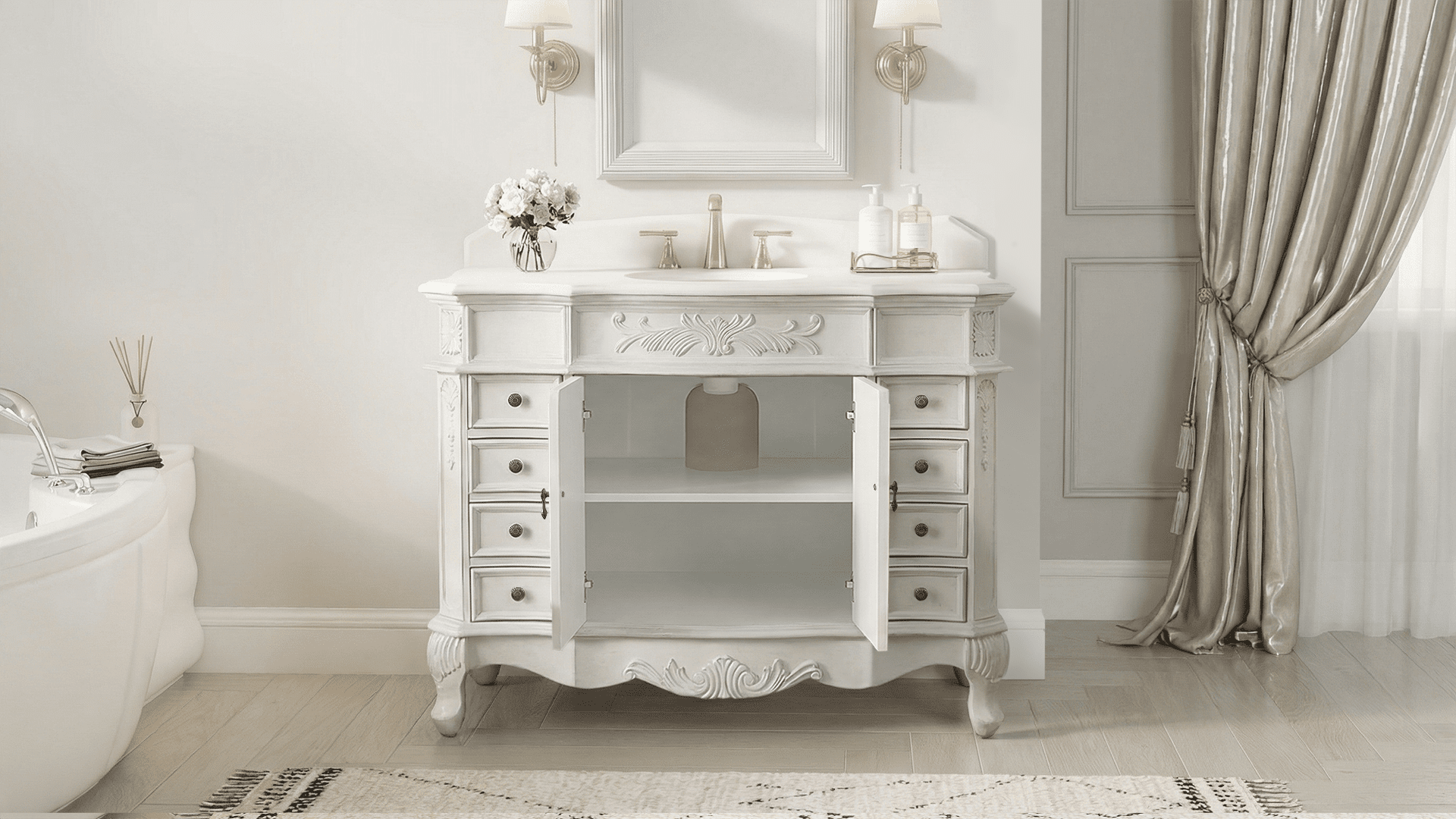 Morton 48" Antique Style Single Sink Bathroom Vanity | White Quartz Top