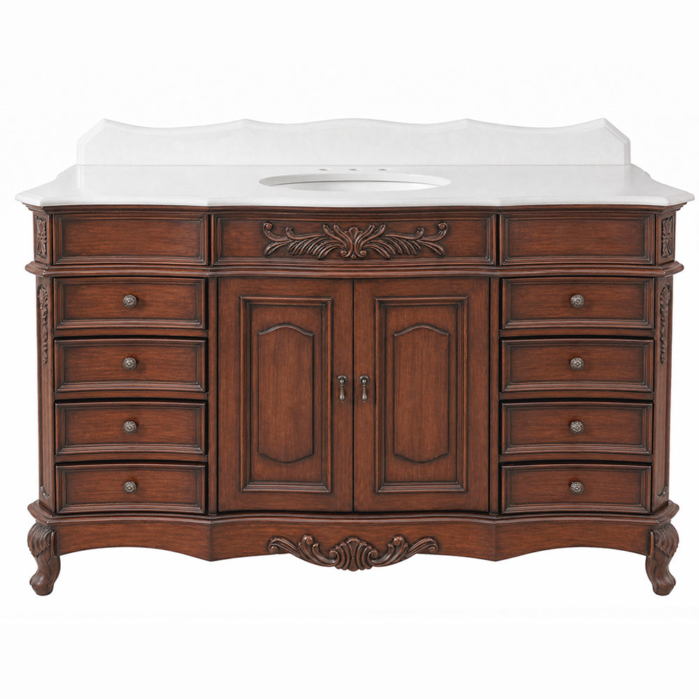 60 Inch Traditional Single Sink Bathroom Vanity Antique Brown with White Quartz Top