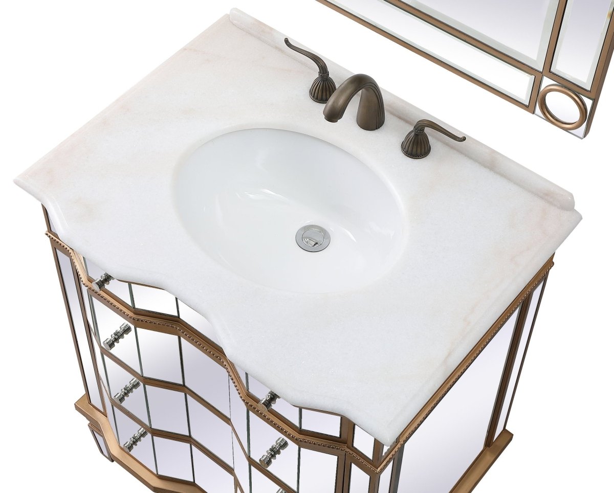 30" Mirrored Style Asselin Bathroom Sink Vanity with Gold Trim K2288-30 - Bentoncollections
