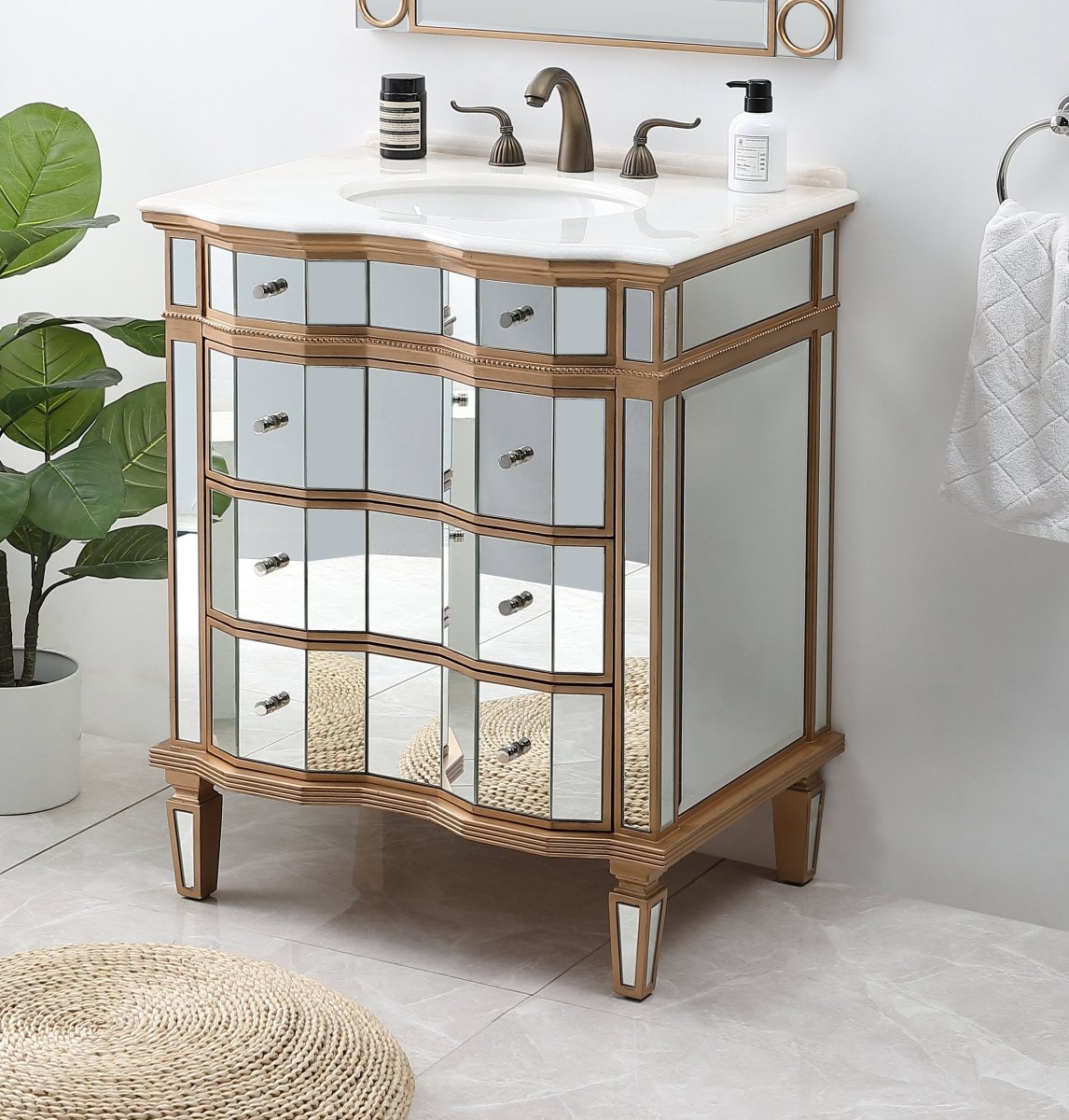 30" Mirrored Style Asselin Bathroom Sink Vanity with Gold Trim K2288-30 - Bentoncollections