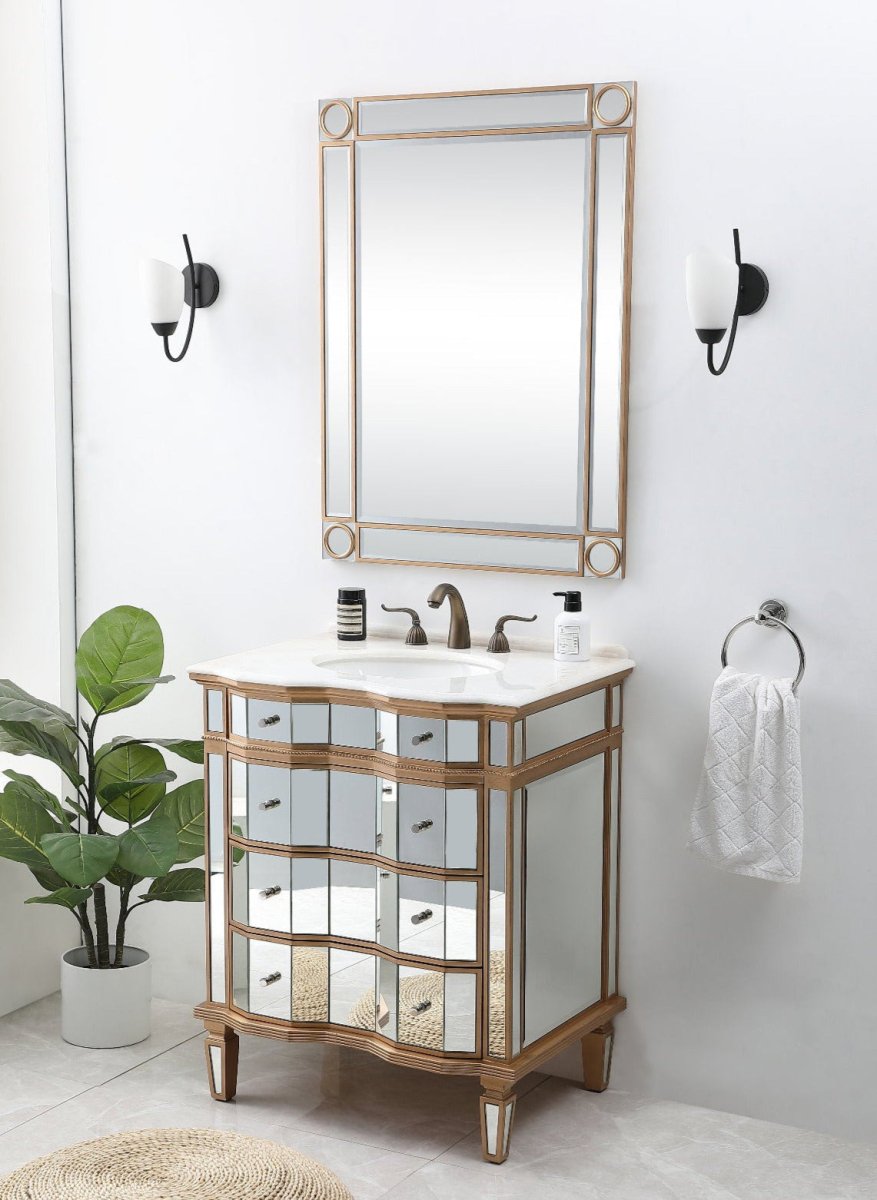 30" Mirrored Style Asselin Bathroom Sink Vanity with Gold Trim K2288-30 - Bentoncollections