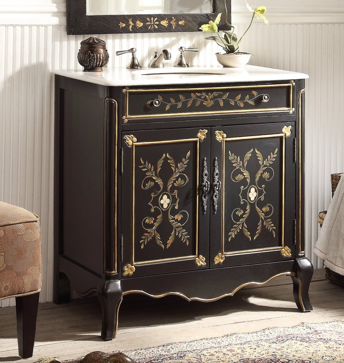 32" Bathroom Vanity, Hand-painted Floral Motif Decoroso - Model # HF-2326 - Bentoncollections