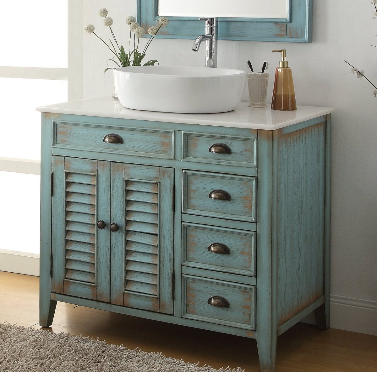 36" Abbeville Vessel Sink Vanity, Distressed Blue - Benton Collection Model CF-78886BU - Bentoncollections