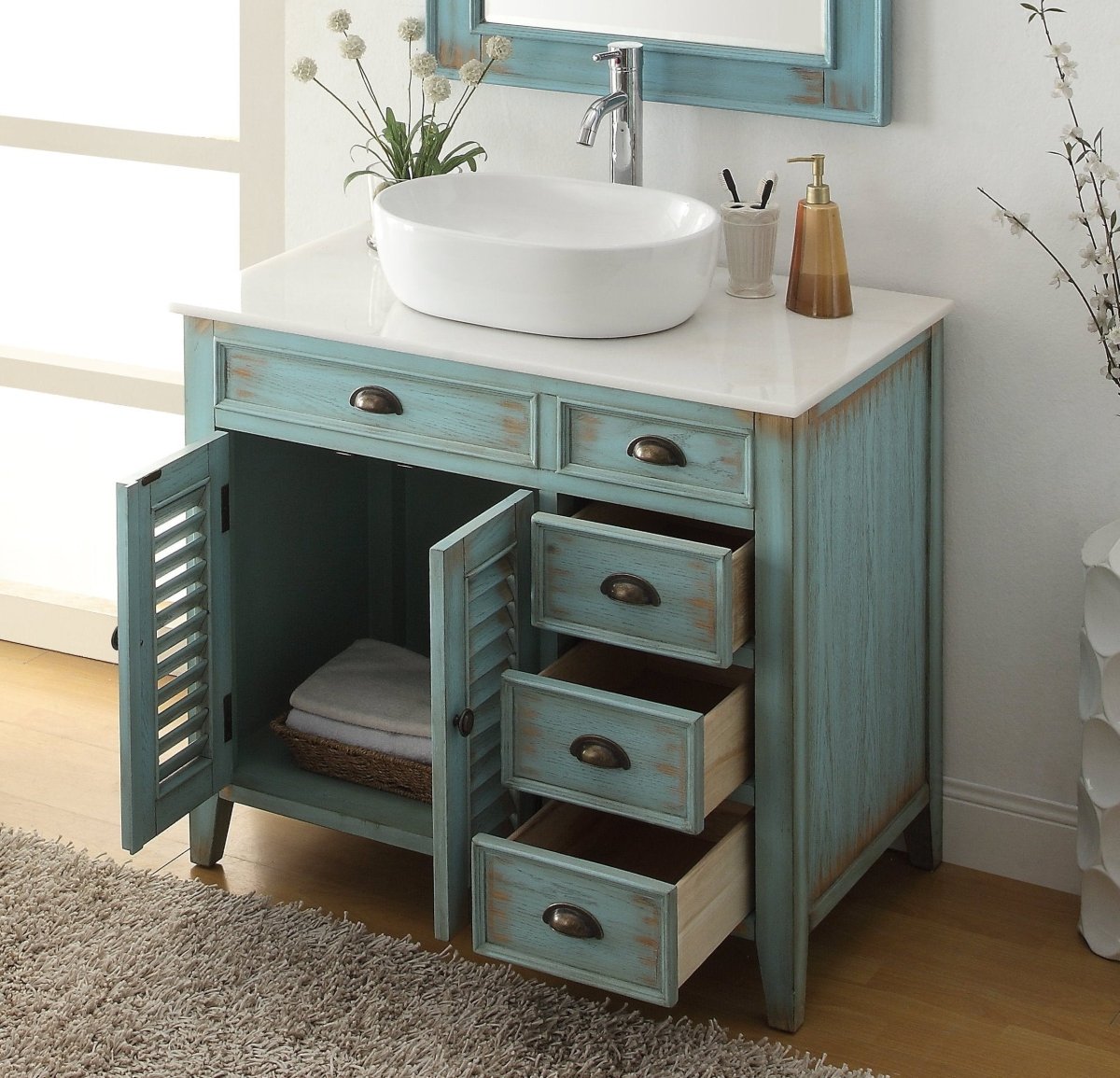 36" Abbeville Vessel Sink Vanity, Distressed Blue - Benton Collection Model CF-78886BU - Bentoncollections