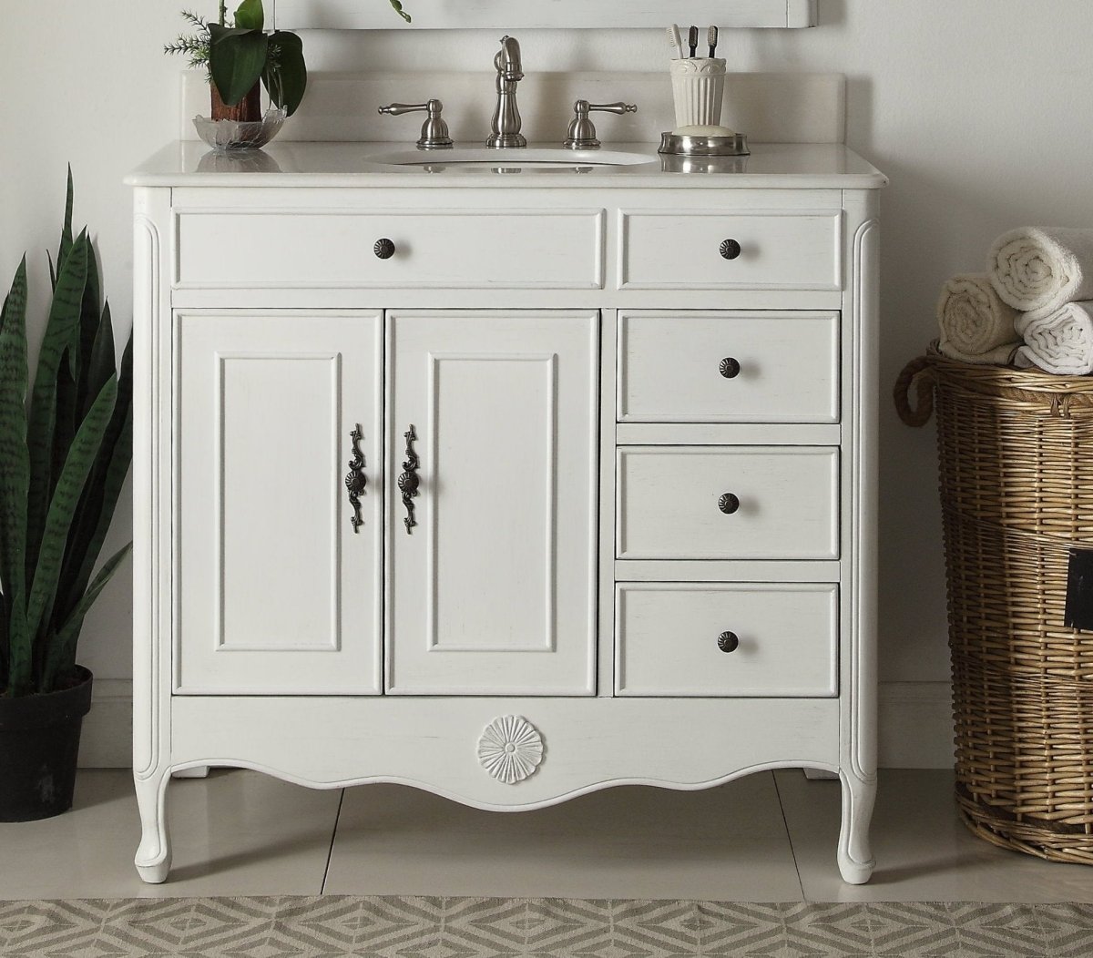38" Benton Collection Distressed White Cottage Style Daleville Bathroom Sink Vanity HF-837AW - Bentoncollections