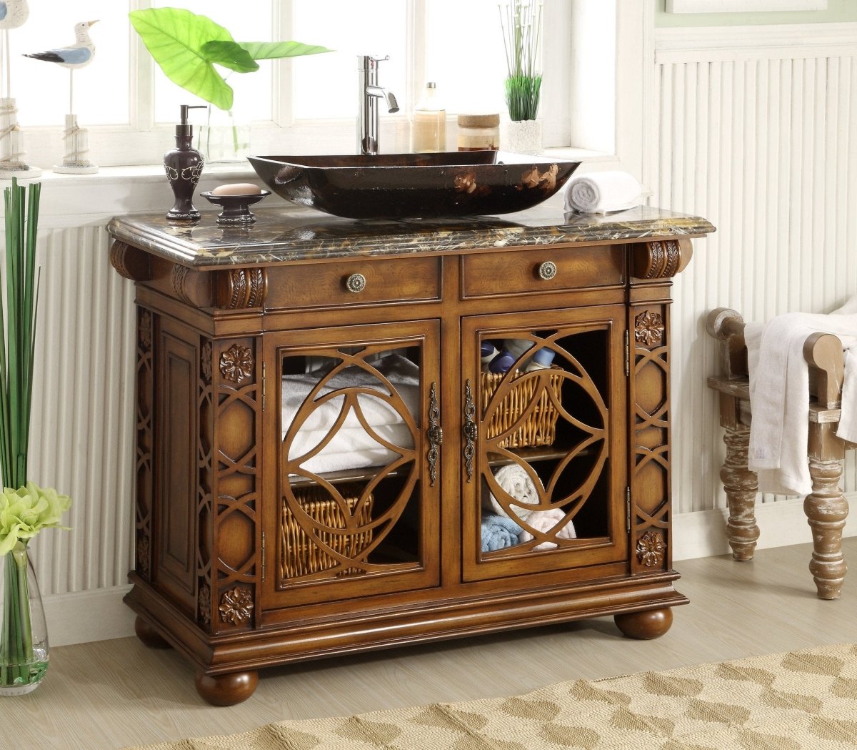 42" Benton Collection Italian Portoro Marble Top Vigo Bathroom Sink Vanity HF-1217GF - Bentoncollections