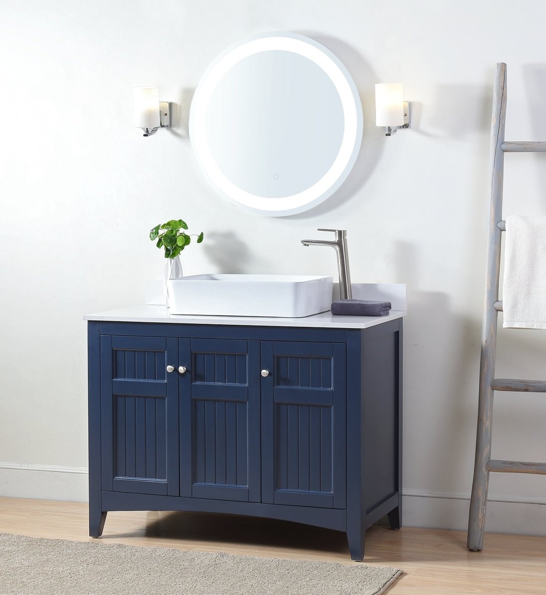 42" Navy Blue Triadsville Cottage-Style Vessel Sink Bathroom Vanity With White Granite Top ZK-77333NB - Bentoncollections