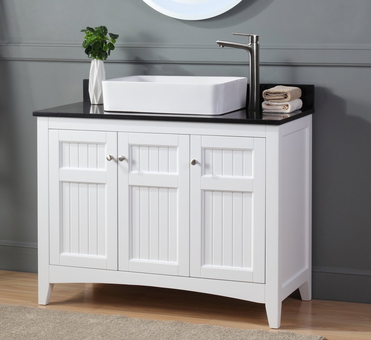 42" White Triadsville Cottage-Style Vessel Sink Bathroom Vanity With Black Granite Top ZK-77888GT - Bentoncollections