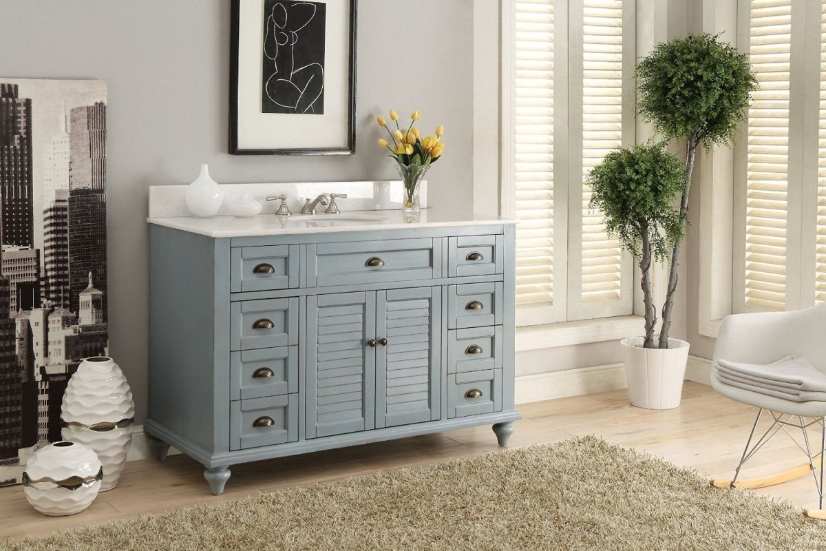 49" Benton collection Vintage Blue Cottage Glennville Bathroom Sink Vanity - GD-28328BU - Bentoncollections