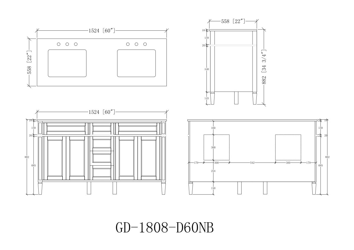 60" Tennant Brand Durand Modern Navy Blue Double Sink Bathroom Vanity 1808-D60NB-QT - Bentoncollections