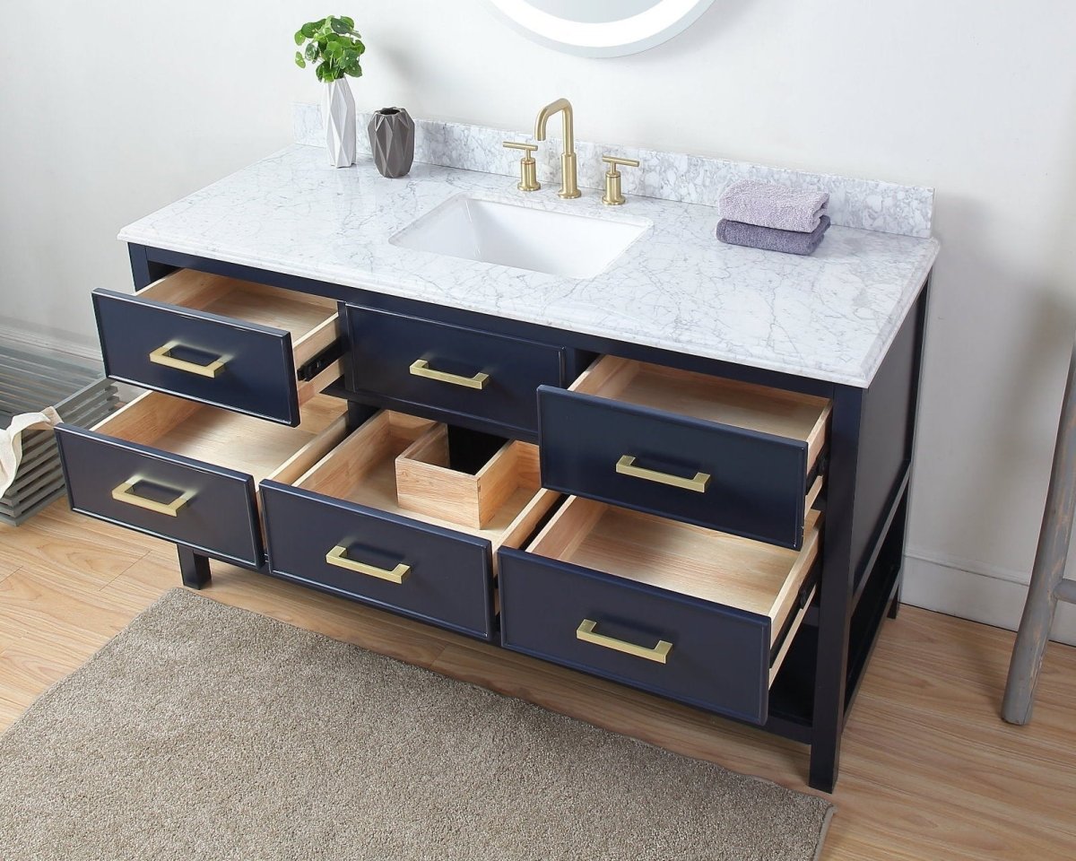 60" Tennant Brand Italian Carrara Navy Blue Color Finish Single Sink Vanity - Aruzza # 2822-S60NB - Bentoncollections