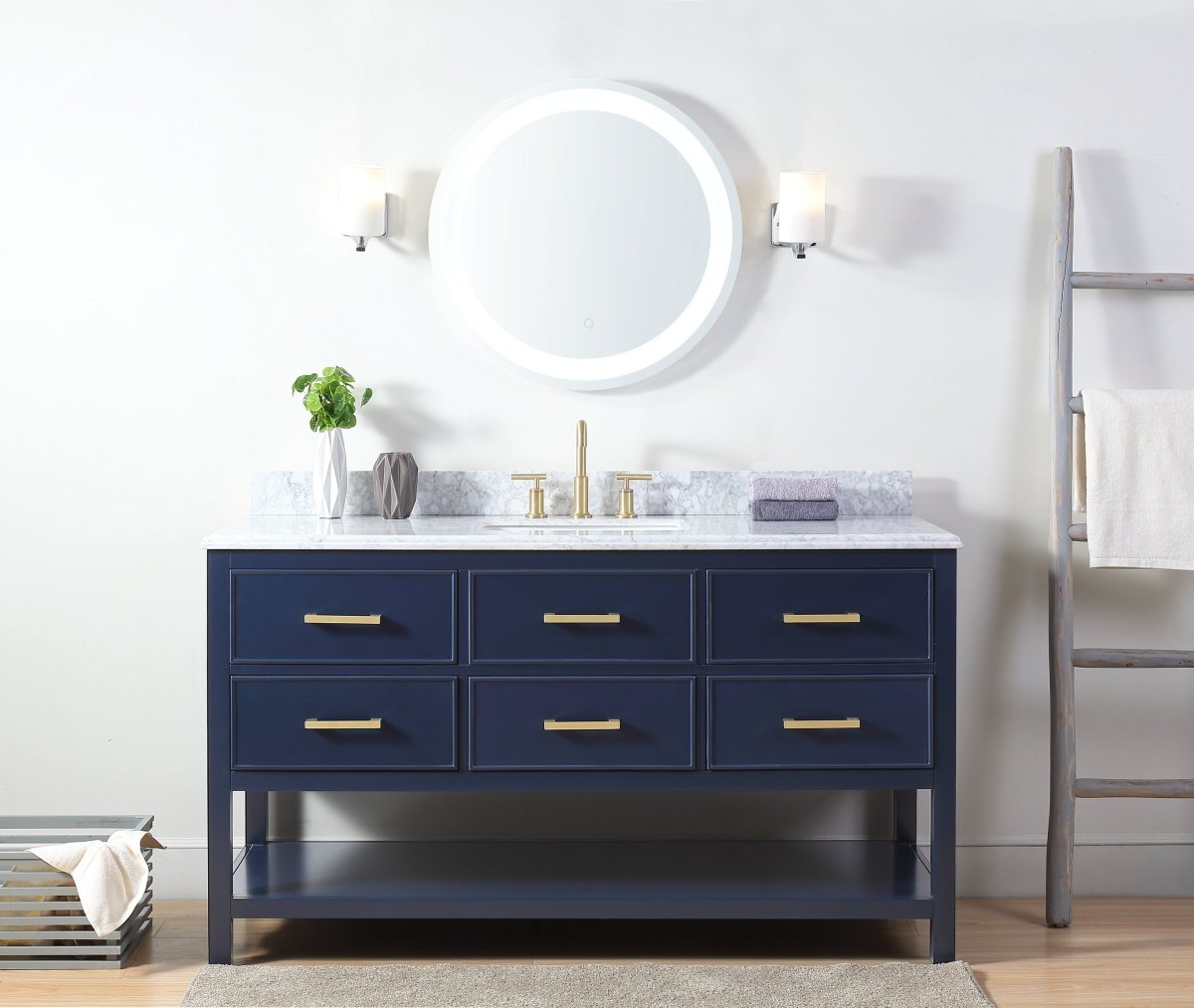 60" Tennant Brand Italian Carrara Navy Blue Color Finish Single Sink Vanity - Aruzza # 2822-S60NB - Bentoncollections