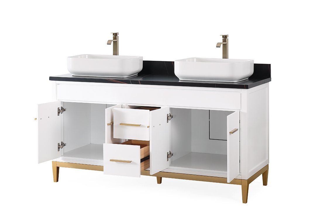 60" Tennant Brand Vessel sink White Beatrice Double Sink Vanity - TB-9960WT-60BK - Bentoncollections