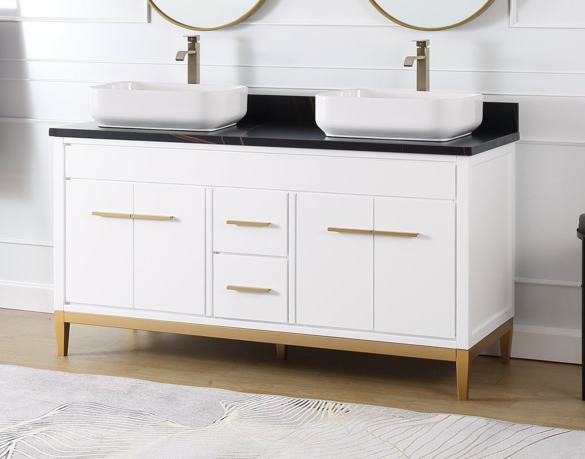 60" Tennant Brand Vessel sink White Beatrice Double Sink Vanity - TB-9960WT-60BK - Bentoncollections