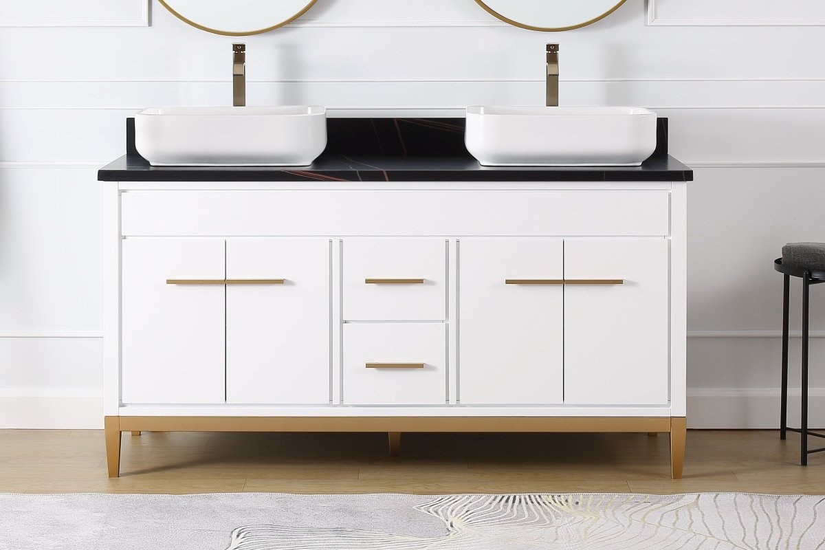 60" Tennant Brand Vessel sink White Beatrice Double Sink Vanity - TB-9960WT-60BK - Bentoncollections