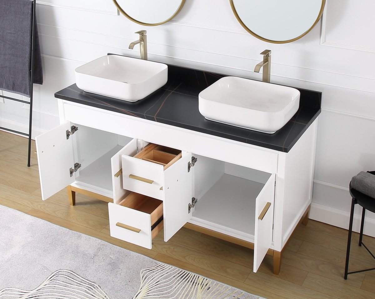 60" Tennant Brand Vessel sink White Beatrice Double Sink Vanity - TB-9960WT-60BK - Bentoncollections