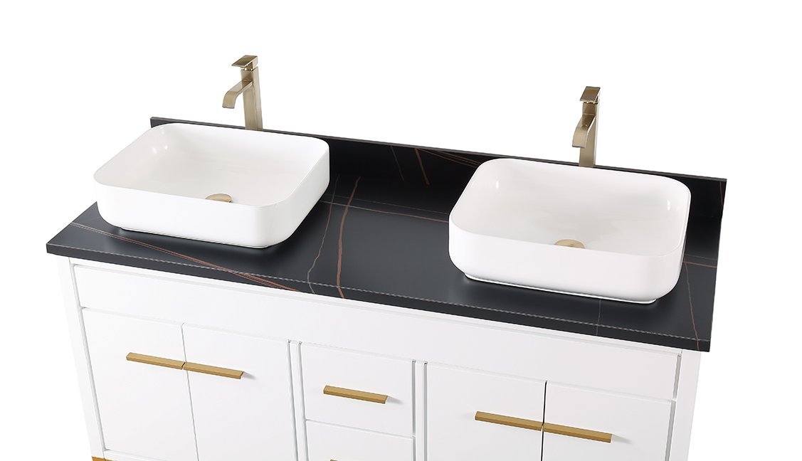 60" Tennant Brand Vessel sink White Beatrice Double Sink Vanity - TB-9960WT-60BK - Bentoncollections