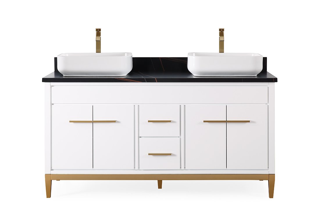 60" Tennant Brand Vessel sink White Beatrice Double Sink Vanity - TB-9960WT-60BK - Bentoncollections