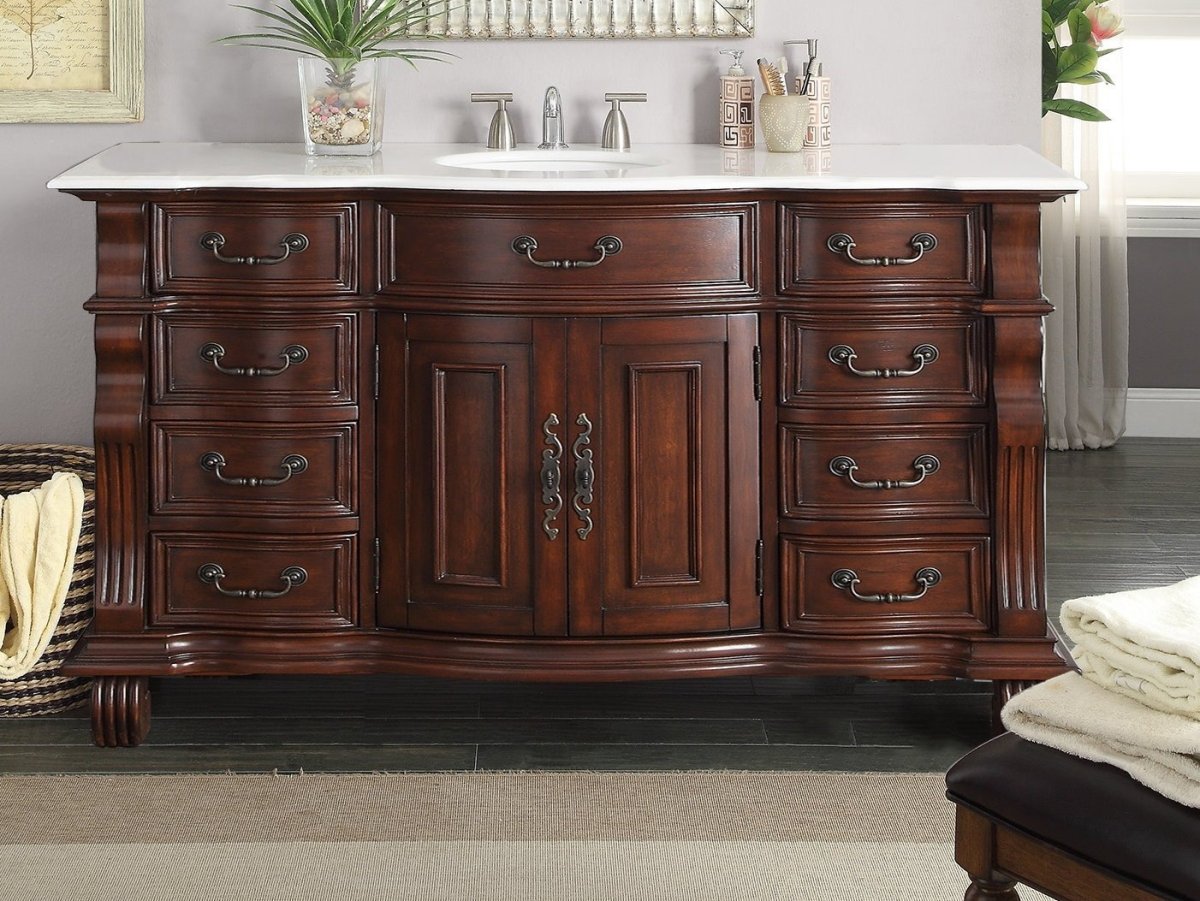 60" Traditional Style Cherry Wood Hopkinton Bathroom Sink Vanity White Marble Top GD-4437W-60 - Bentoncollections