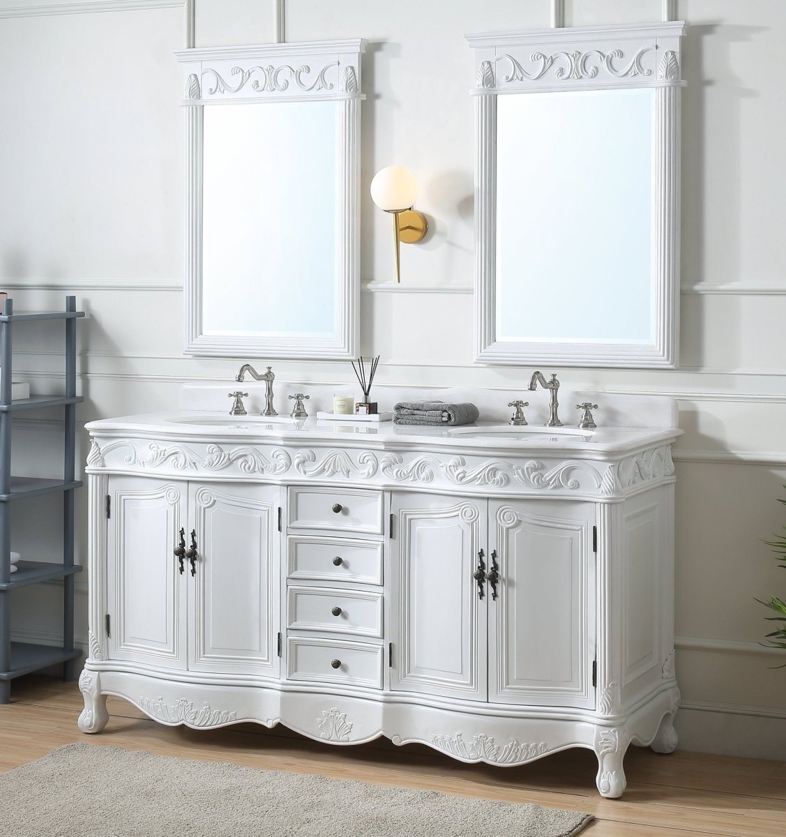64" Antique White Traditional Style Double Sink Beckham Bathroom Vanity - CF-3882W-AW-64 - Bentoncollections