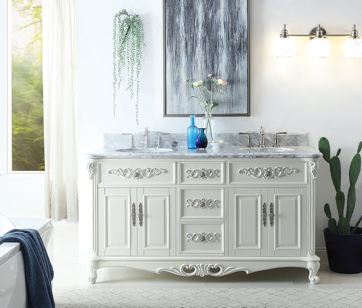 64” Benton Collection Verondia Vintage Style White Bathroom Vanity CF-5364-64 - Bentoncollections
