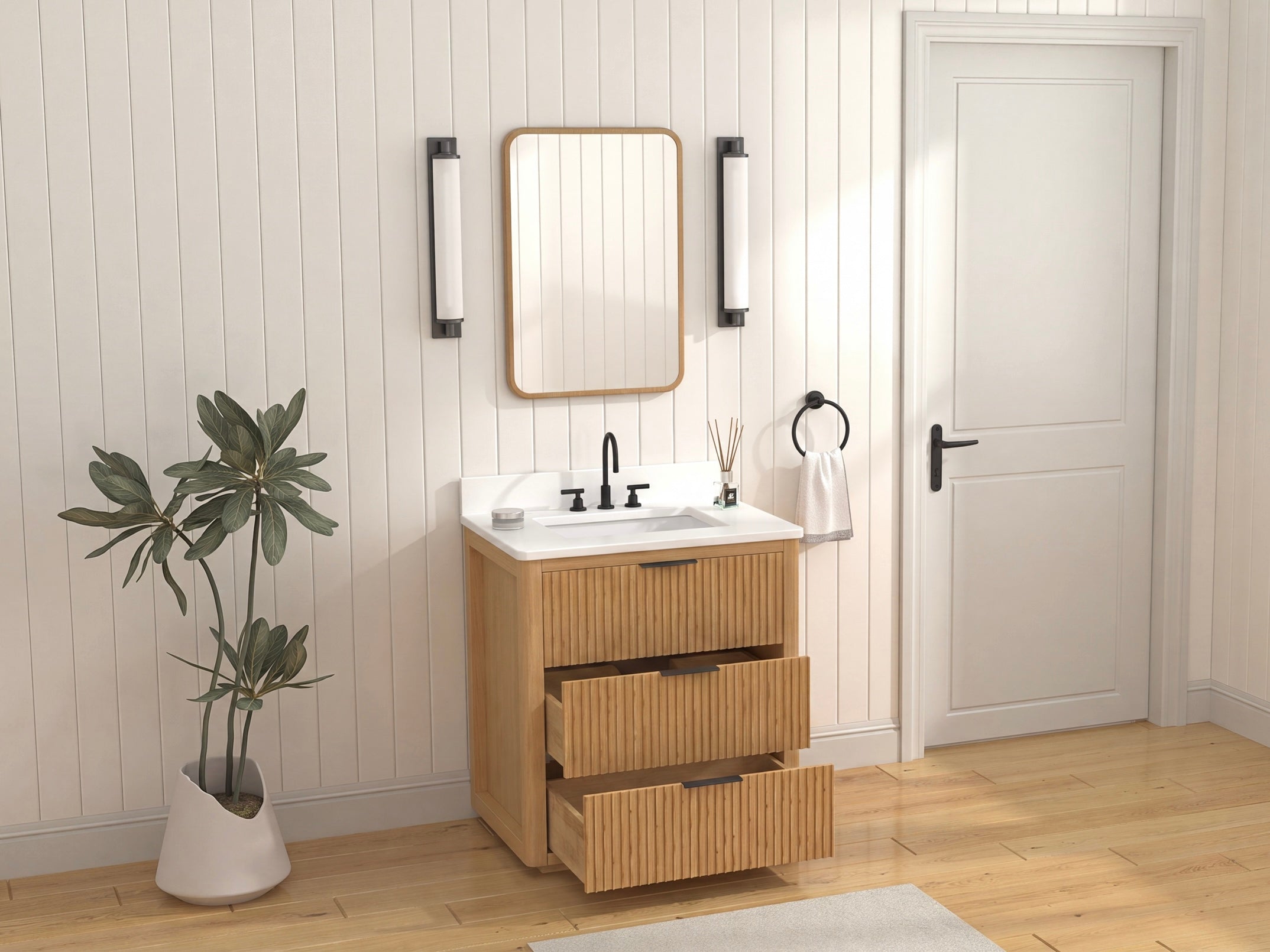 30 Inch Modern Golden Oak Coris Single Sink Bathroom Vanity With White Quartz Top
