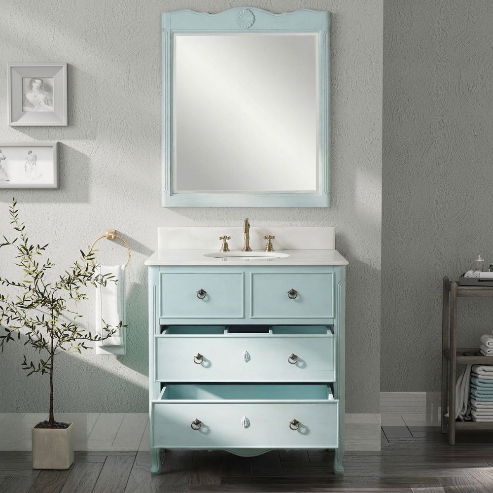 34 Inch Distressed Light Blue Daleville Cottage Style Bathroom Sink Vanity