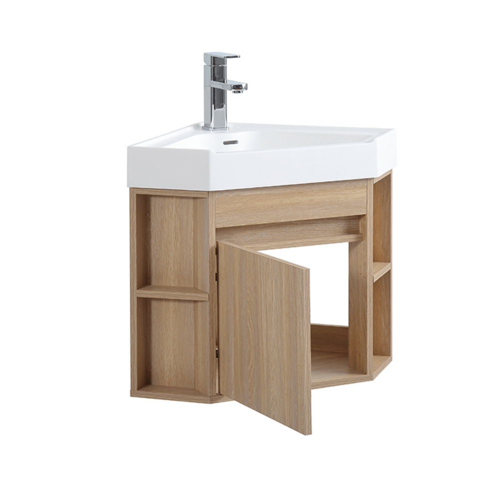 18 Inch Light Oak Trinsville Wall Mount Corner Bathroom Vanity with Matte Solid Surface - Bentoncollections